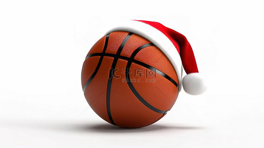 篮球上戴着红色圣诞老人帽子的白色背景的 3D 渲染