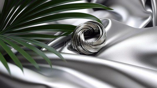 流动豪华柔软纺织面料上银色金属热带棕榈叶和戒指的 3D 渲染