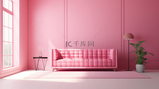 粉色室内设计背景图片_粉色工作室中简约而舒适的客厅，配有创意室内设计 3D 渲染