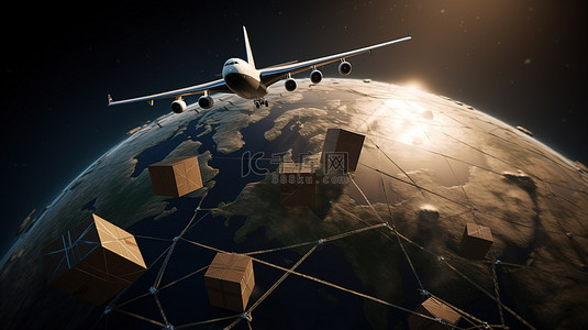 服务公司战略背景图片_地球被飞行中的包裹飞机和货船包围 3D 渲染
