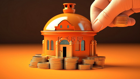 卡通手将硬币存入银行大楼形状的钱箱的 3D 插图