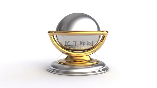 白色背景上的圆形平台底座，支持浏览器地址栏上方的金色奖杯 3D 渲染