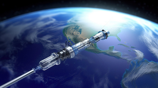 地球通过医用注射器和针头接受疫苗接种的 3D 渲染，包括 NASA 元素