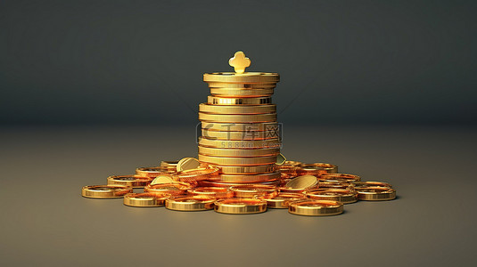 礼物盒堆头背景图片_堆叠硬币上的头把交椅金冠第一，象征着通过 3D 渲染实现的储蓄和投资增长带来的财富