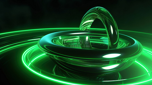 充满活力的 3D 插图，显示由辐射霓虹灯绿光照亮的移动几何线条和圆形元素