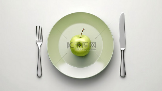 新鲜的青苹果放在盘子旁边，上面有叉子和刀，在白色背景 3D 渲染图像上从上方观察