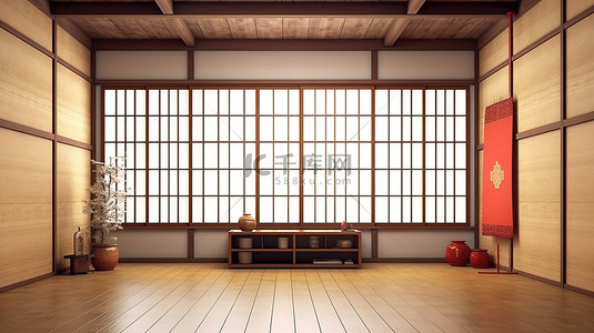日式房间背景图片_简约日式房间，没有家具3D渲染