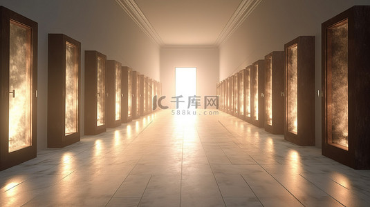 照明机会 3D 渲染的门在关闭的门中沐浴在光线中