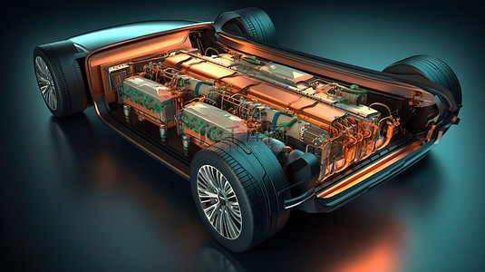 电动汽车可充电电池组的内部组件和底盘细节 3D 插图