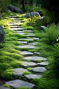 ps素材石路背景图片_一条穿过花园的石路
