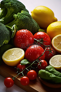新鲜西红柿背景图片_柠檬西红柿西兰花罗勒和其他成分的图像