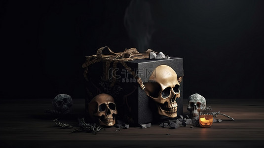 恐怖的骨头背景图片_怪异的 3D 渲染万圣节礼品盒，配有头骨和骨头