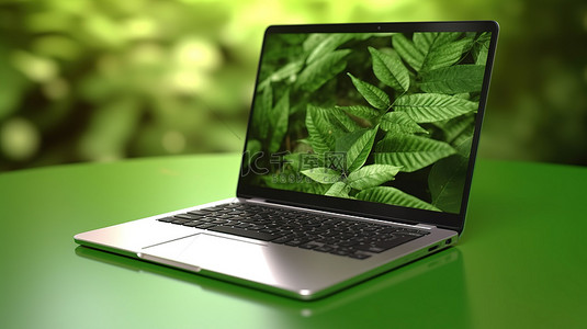 绿叶 3D 渲染背景下的当代笔记本电脑