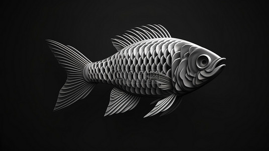 单色 3D 渲染鱼骨 3D 图标，以单色轮廓描绘动物