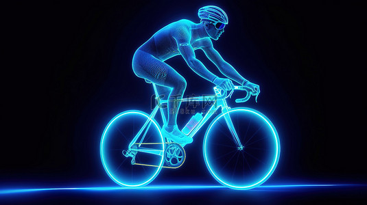 自行车比赛中骑自行车的人的霓虹蓝色全息图侧视图 3D 渲染与复制空间