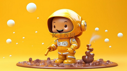 卡通创作背景图片_淡黄色卡通宇航员孩子用巧克力水进行 3D 渲染设计