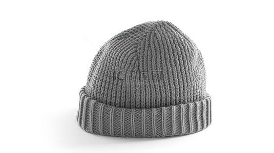 冬秋季服装背景图片_白色背景 3D 渲染灰色针织羊毛帽，自由设计空间，非常适合冬季