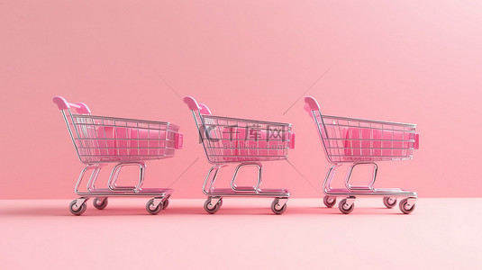 粉红色背景上 3D 渲染的粉红色购物车的插图