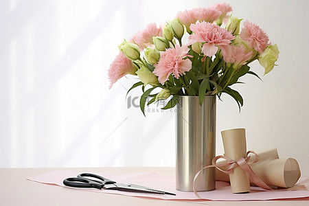 一个银色花瓶，上面有粉红色的花剪刀和丝带