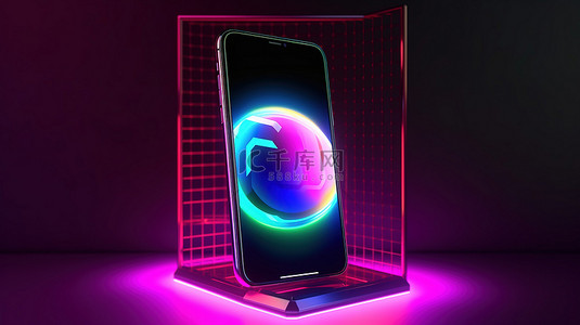 手机支架背景图片_高品质 3D 插图霓虹灯横幅背景与智能手机模型的空屏幕，用于在线销售和社交网络
