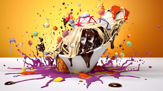 拼色背景蓝色背景图片_创新食品艺术 3D 插图融化冰淇淋拼贴