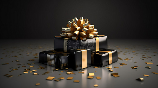 带有金色丝带蝴蝶结的开放式礼品盒的 3D 渲染插图，符合黑色星期五销售概念