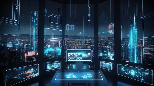 未来城市天际线 3D 渲染建筑，配有智能技术仪表板和分析显示器