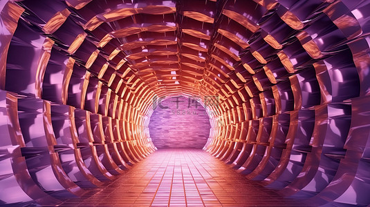 模糊圆形背景图片_淡紫色隧道，橙色光反射模糊，抽象 3D 纹理插图
