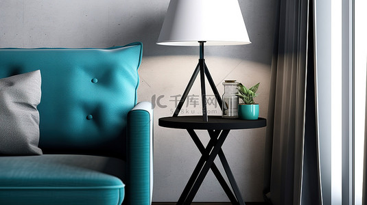 沙发旁边配有蓝色灯和黑色台面 3D 可视化的金属腿边桌