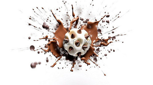 白色背景下牛奶和巧克力以爆炸性方式爆裂的 3D 渲染