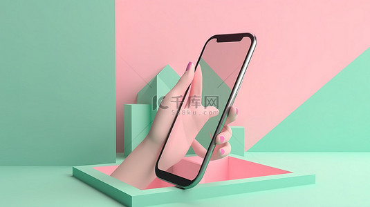 极简主义卡通手握触摸屏智能手机在 3D 渲染与柔和的绿色和粉红色背景上的几何背景