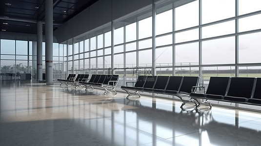 带玻璃窗和 3D 渲染中空座位的机场航站楼