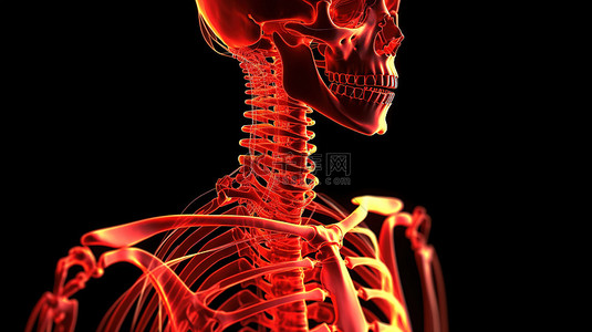 盆腔疼痛背景图片_数字描绘具有受损骨骼的骨骼结构 红色照明指示锁骨疼痛
