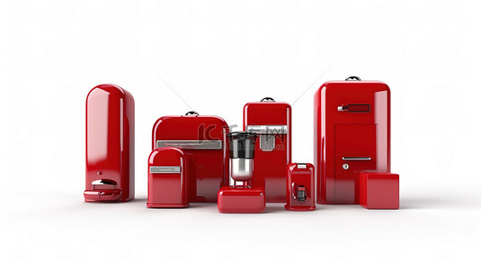 白色背景上的红色邮箱，配有一套家用电器 3D 渲染