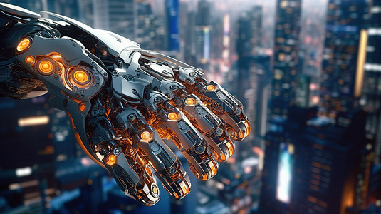 未来机器城背景图片_城市环境中机器人手的 3D 渲染