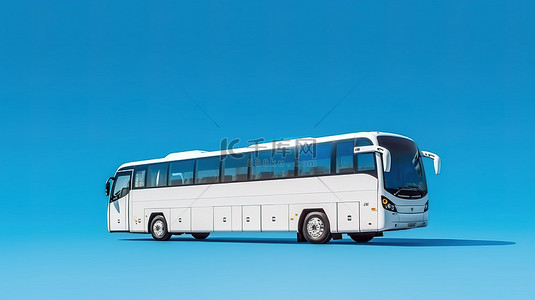 旅行插背景图片_蓝色背景上带有低成本标志的经济实惠的城际旅行巴士大型白色客车的 3D 渲染