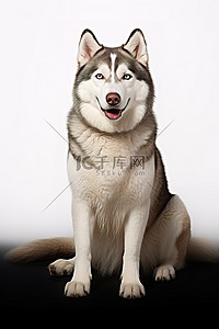 坐着舒适背景图片_坐在白色背景上的西伯利亚哈士奇狗