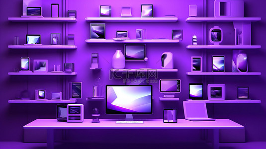 紫色墙架上展示着一系列数字设备笔记本电脑手机和平板电脑 3D 渲染