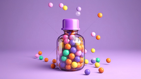 悬浮彩球背景图片_紫色背景上悬浮药瓶周围彩球的 3d 渲染