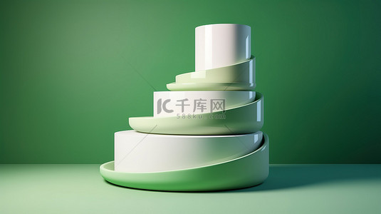 夏季美容背景图片_用于抽象产品展示的绿色和白色弯曲基座的 3D 插图