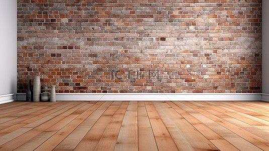 空房间地毯背景图片_木地板白色地毯和砖墙的 3d 渲染