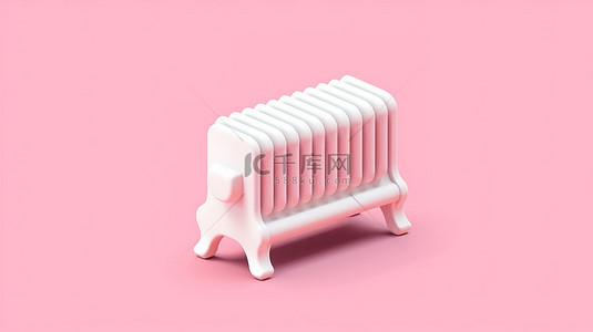 复古等距风格的白色和粉色家居用品，配有平面散热器和 3D 图标