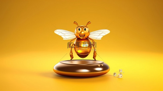 金色蜂蜜滴，在展示台 3D 渲染顶部有一只小蜜蜂