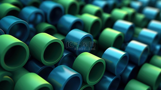 1 灰色背景上特写绿色和蓝色圆柱体的抽象 3D 渲染
