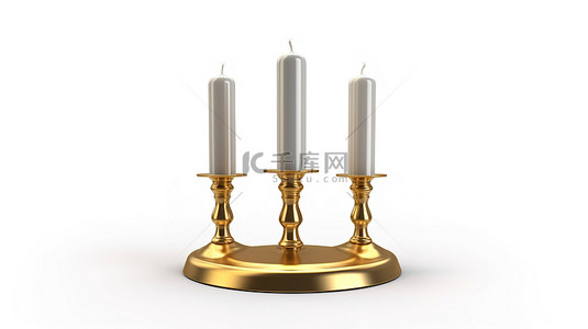 闪闪发光的黄铜和金色烛台架，在原始的白色背景上配有三支点燃的蜡烛