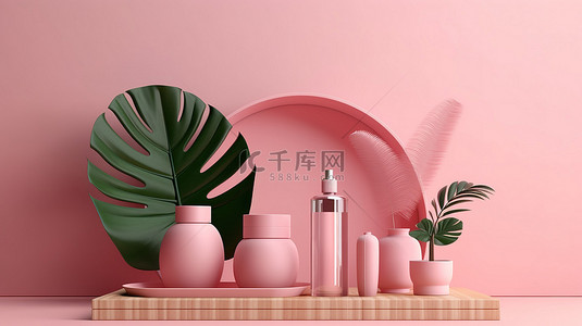 木制讲台强调了带有叶子背景的天然产品的粉红色 3D 渲染