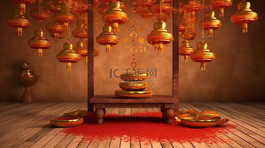 闪闪发光的 3D 中国新年舞台装饰着层叠的金锭和悬挂的灯笼