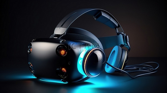 科技新生活背景图片_时尚的 VR 耳机，带有耳机，从侧面角度看深色壁纸，通过 3D 渲染将虚拟现实带入生活