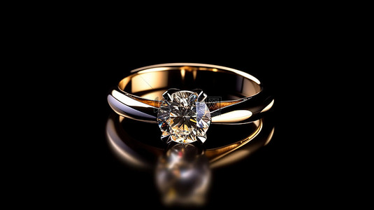 金钻石戒指的 3D 渲染，复制空间隔离在黑色背景上