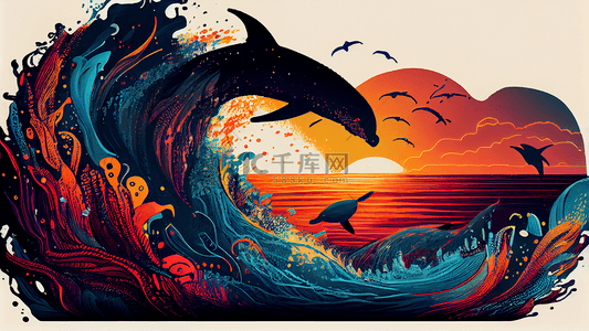 海浪跳跃海豚插画背景